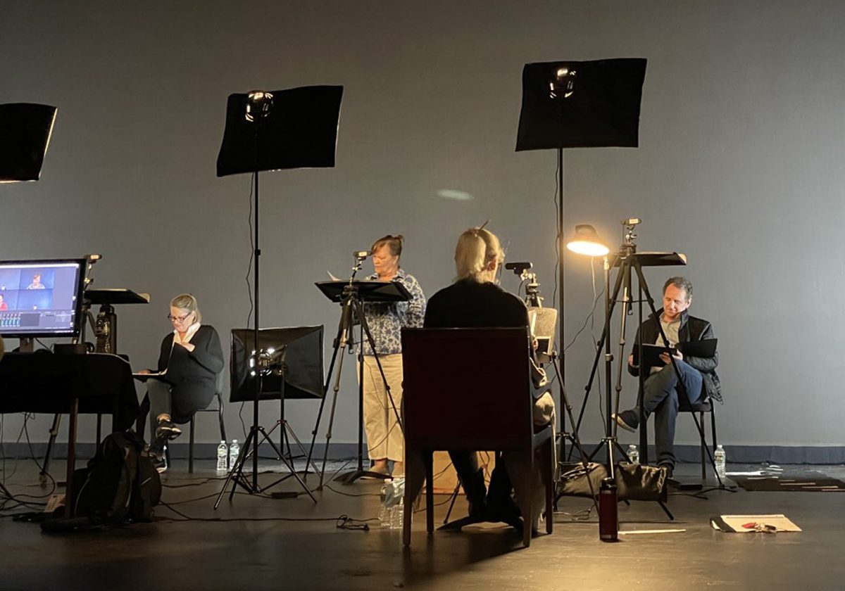 Filmingthe Script in Hand playreading of The Savannah Disputation on the Westport Country Playhouse stagewith, L-R, Deirdre Madigan, Tina Johnson, and Brian J. Carter; back to camera, Anne Keefe.Photo by David Dreyfoos