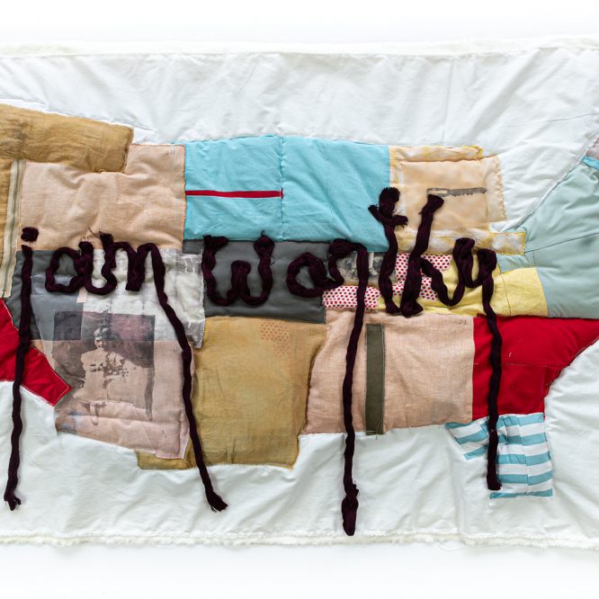 Laura Villareal. Breaking Borders: Mapping of a Suffragette, 2020. Naturally dyed fabric, textiles, yarn, and image transfer on cotton. 40 x 60 in.